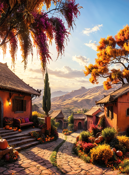 village, pumpkins, trees, houses, flowers
