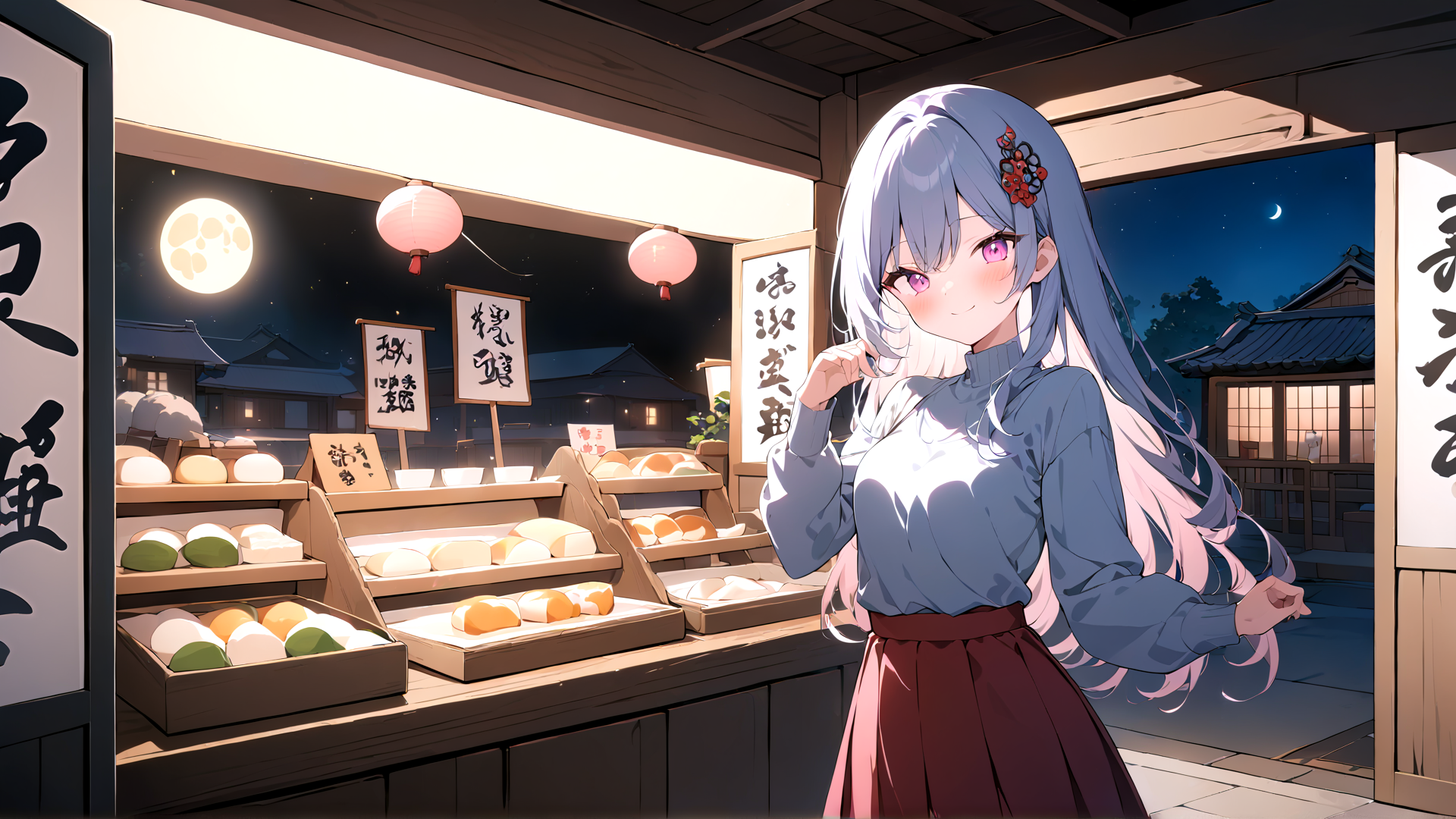 AI generated wallpaper featuring anime girl, matcha mochi, moon, lantern, traditional shop, Japanese food, long hair, traditional clothing, night market, moonlight
