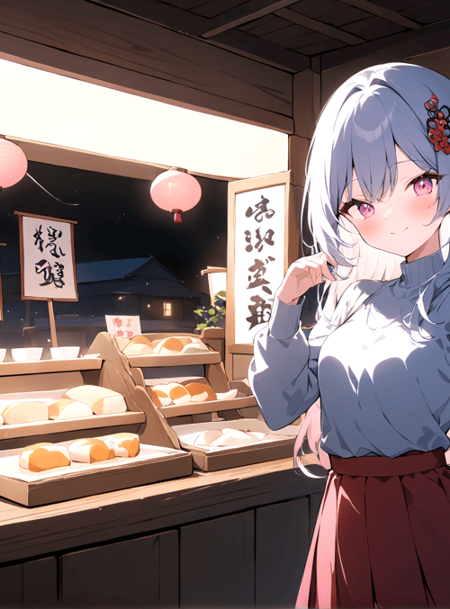 anime girl, matcha mochi, moon, lantern, traditional shop, Japanese food, long hair, traditional clothing, night market, moonlight
