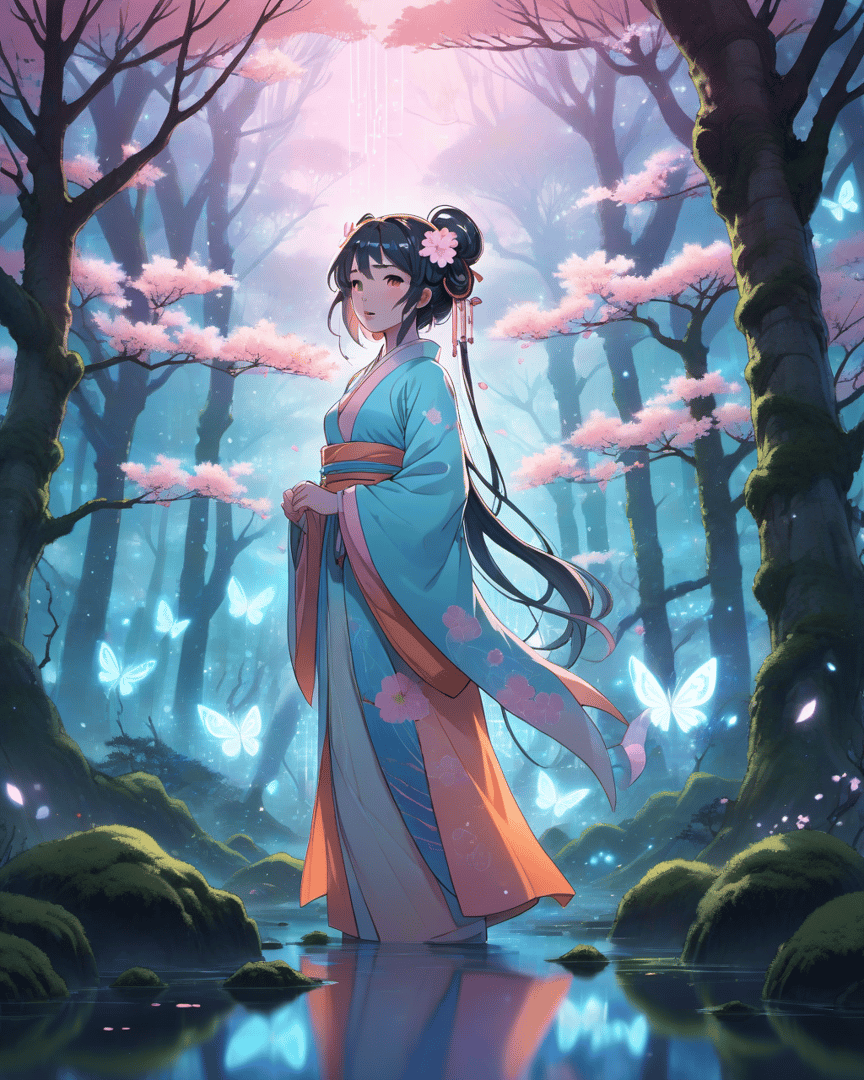 AI generated wallpaper featuring girl, butterfly, cherry tree