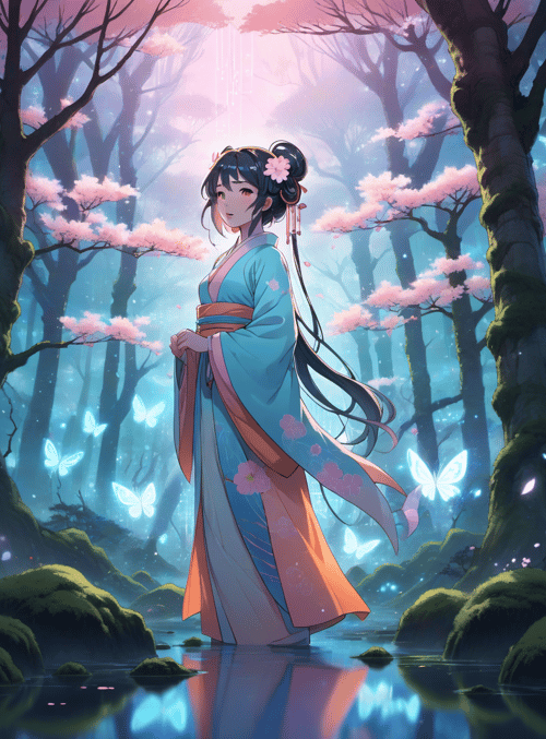 girl, butterfly, cherry tree
