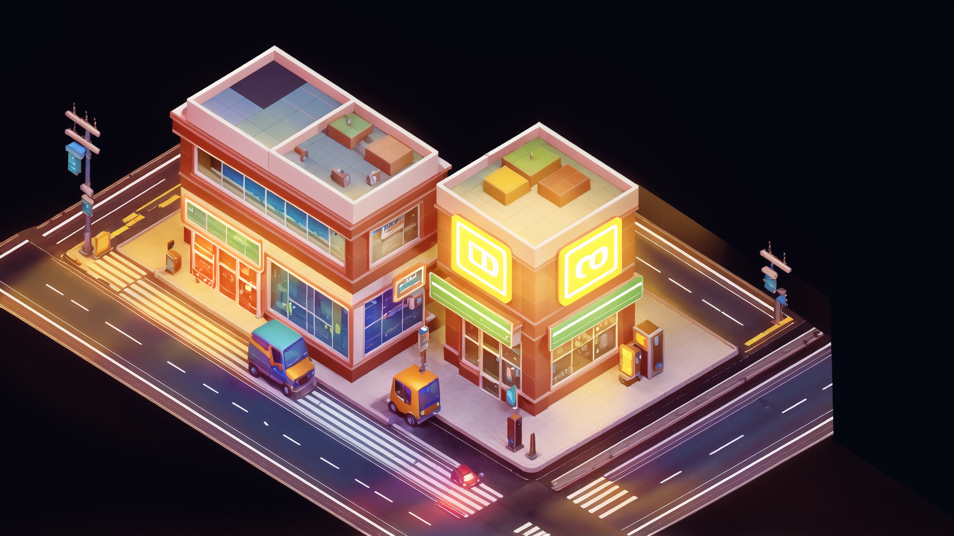 AI generated wallpaper featuring building, store, street, van, pedestrian, sign, traffic light, car, road, crosswalk