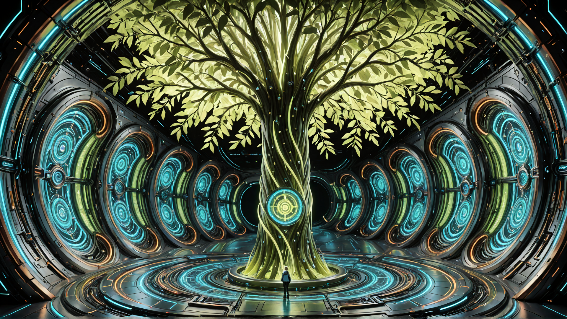 AI generated wallpaper featuring tree, person, gears, circles, portal