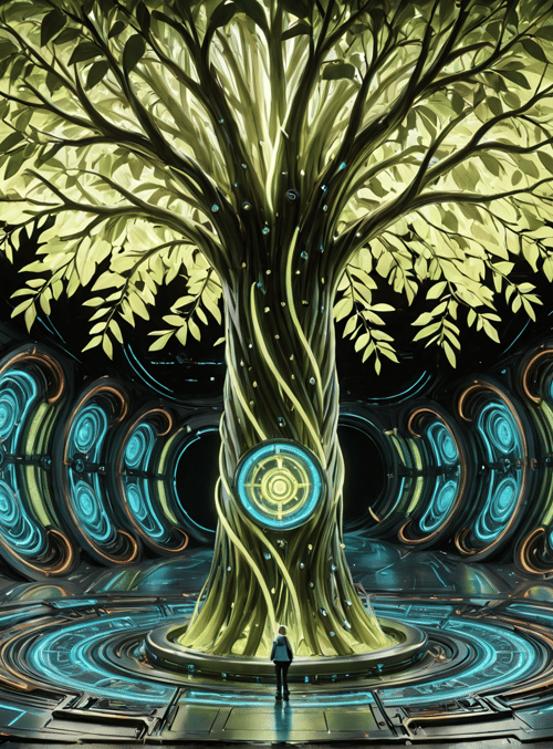 tree, person, gears, circles, portal