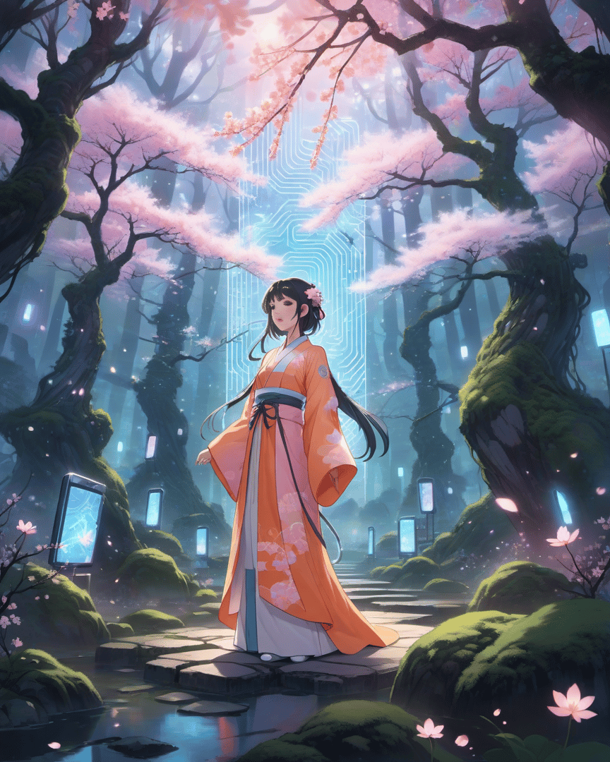 AI generated wallpaper featuring woman, cherry blossom, forest
