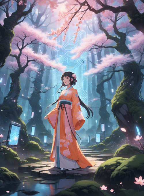 woman, cherry blossom, forest