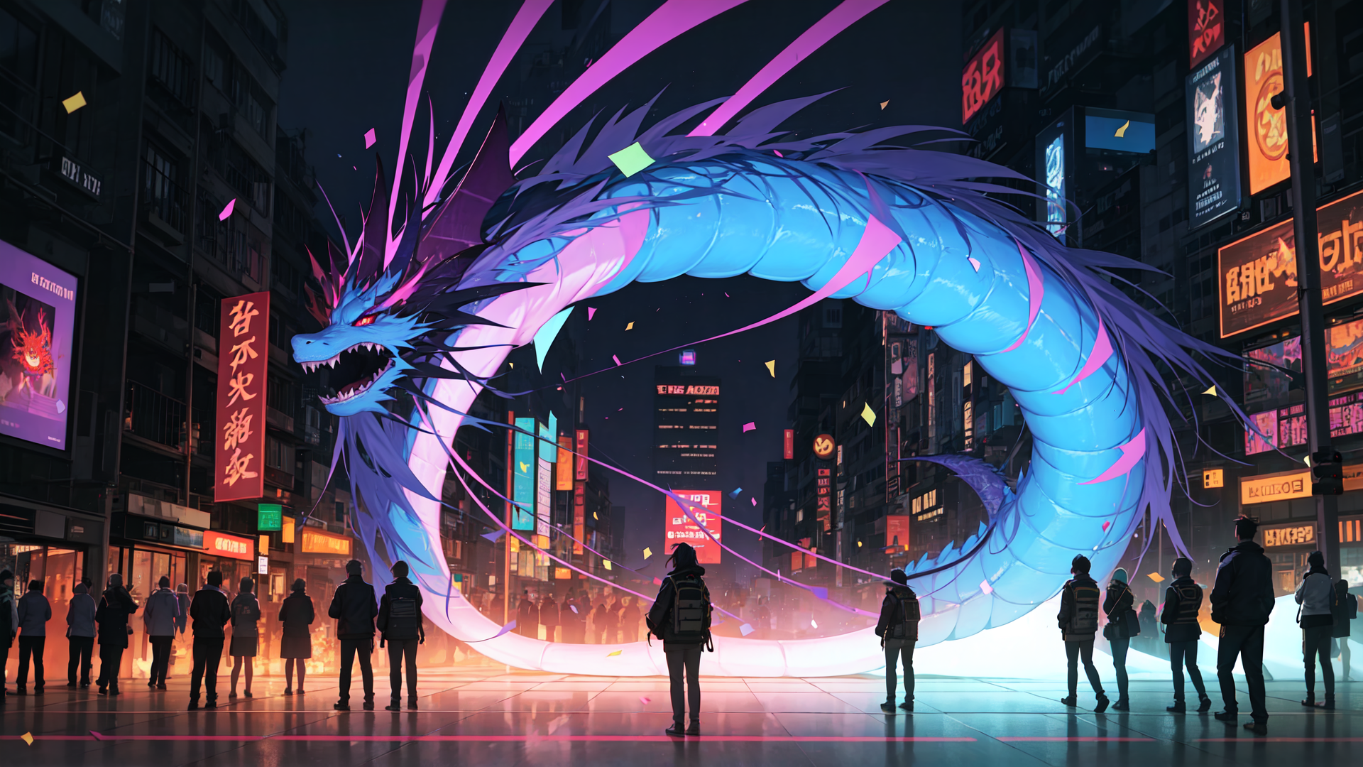 AI generated wallpaper featuring dragon, city, people, signs, lights, confetti, buildings, street, nightscape, neon