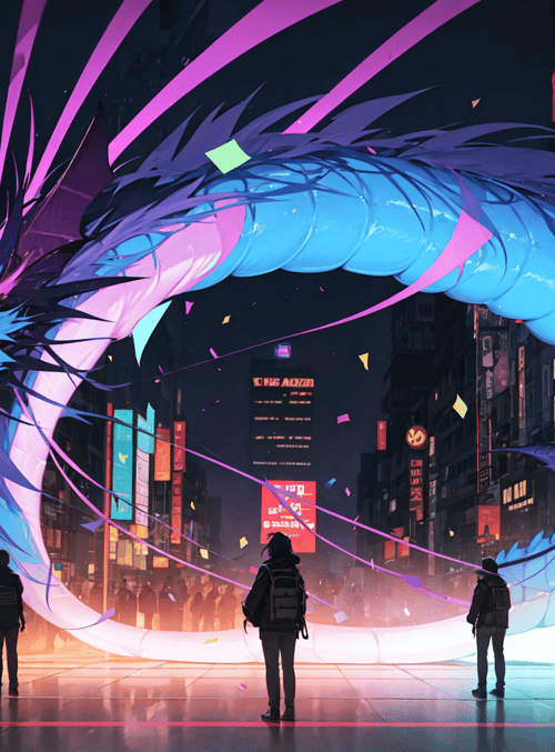 dragon, city, people, signs, lights, confetti, buildings, street, nightscape, neon