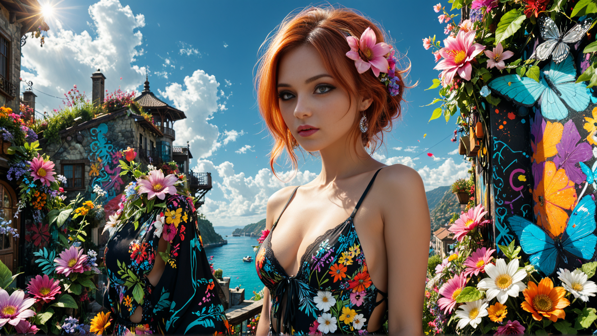 AI generated wallpaper featuring woman, flowers, butterflies