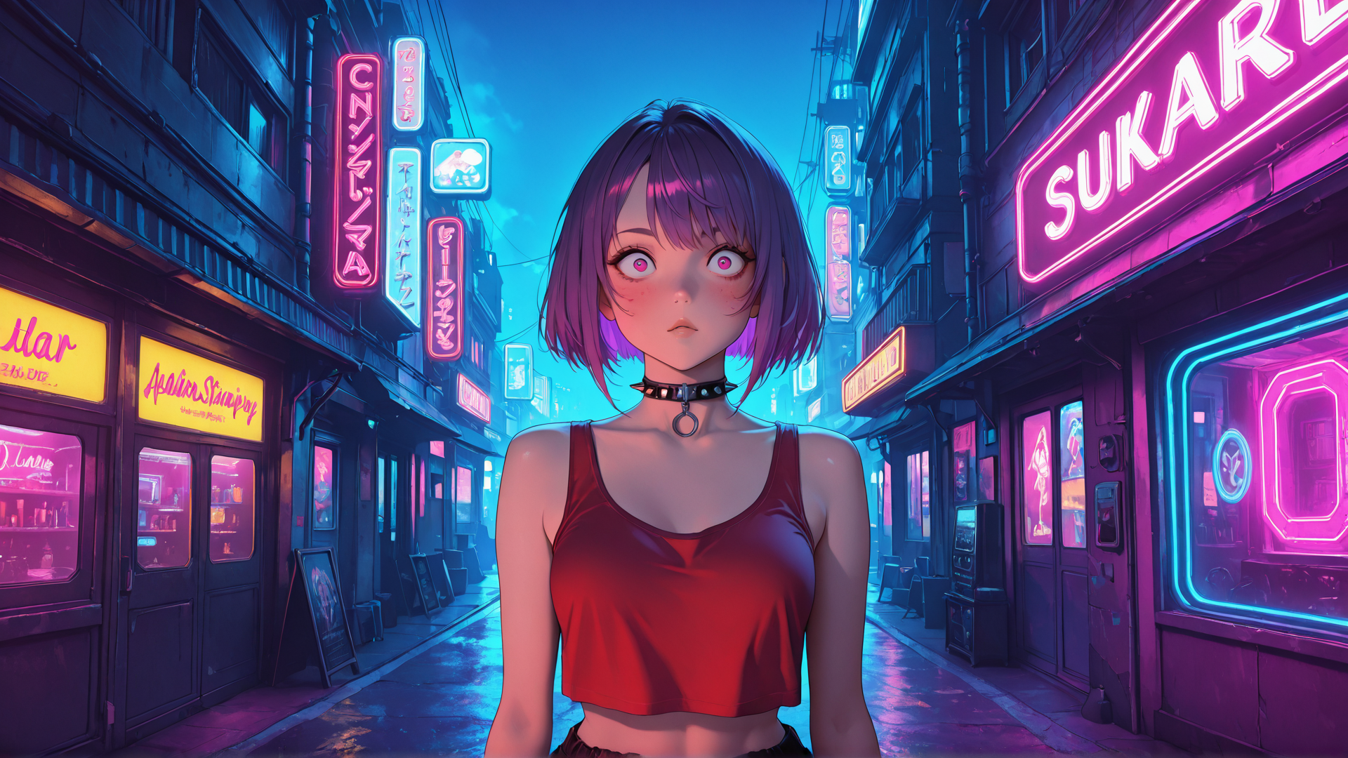 AI generated wallpaper featuring girl, neon, street, city, anime, character, building, signs, nightscape, alleyway