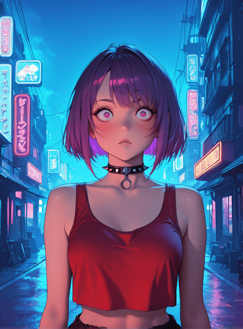 girl, neon, street, city, anime, character, building, signs, nightscape, alleyway