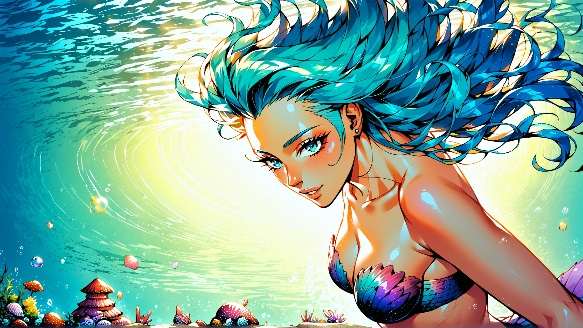 AI generated wallpaper featuring mermaid, ocean, hair, sunlight, coral, shells, bubbles, underwater, sea, mushroom