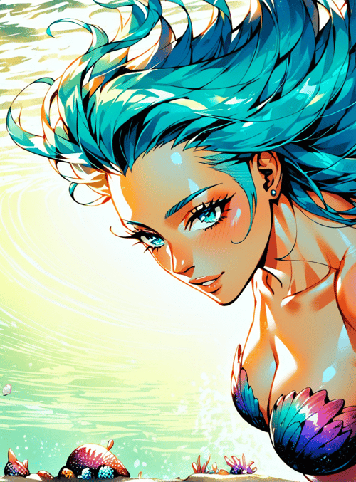 mermaid, ocean, hair, sunlight, coral, shells, bubbles, underwater, sea, mushroom