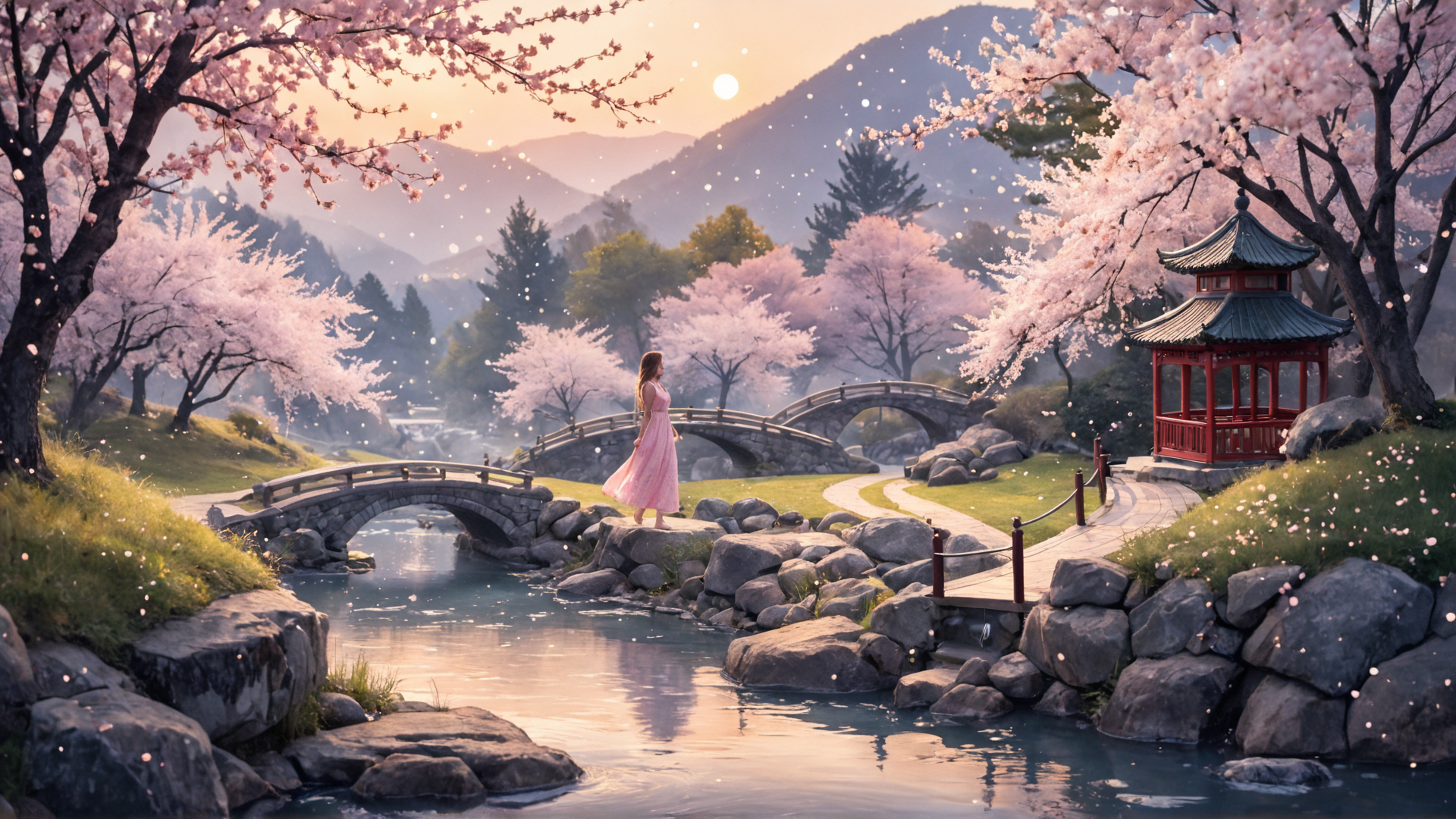 AI generated wallpaper featuring woman, cherry blossoms, pagoda