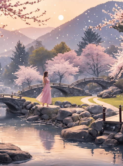 woman, cherry blossoms, pagoda