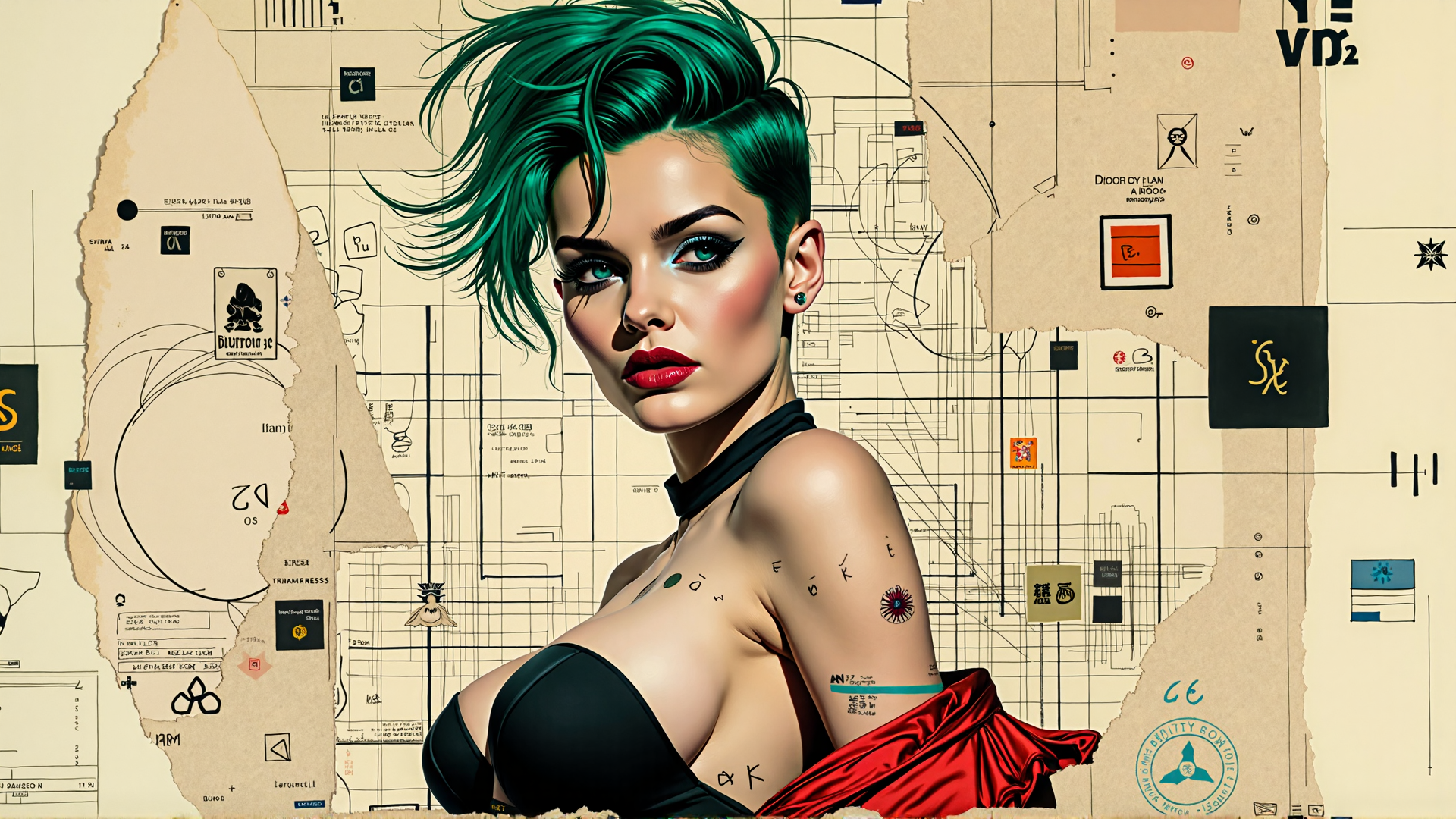 AI generated wallpaper featuring woman, blue, green, red, tattoo, sketch, design, map, shirt, earring