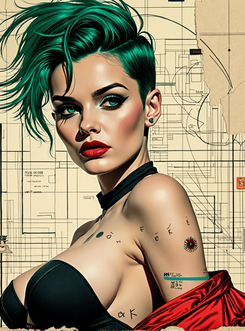 woman, blue, green, red, tattoo, sketch, design, map, shirt, earring