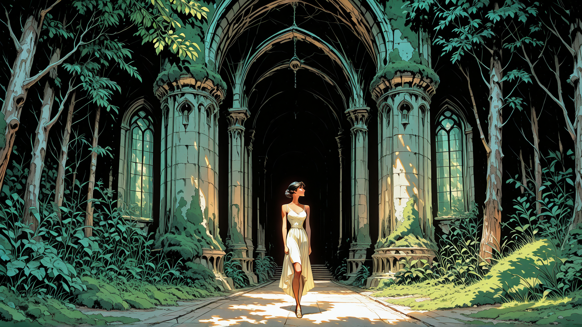 AI generated wallpaper featuring woman, cathedral, trees, plants, columns, arch, dress, window, path, sunlight