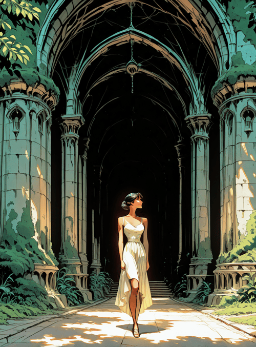 woman, cathedral, trees, plants, columns, arch, dress, window, path, sunlight