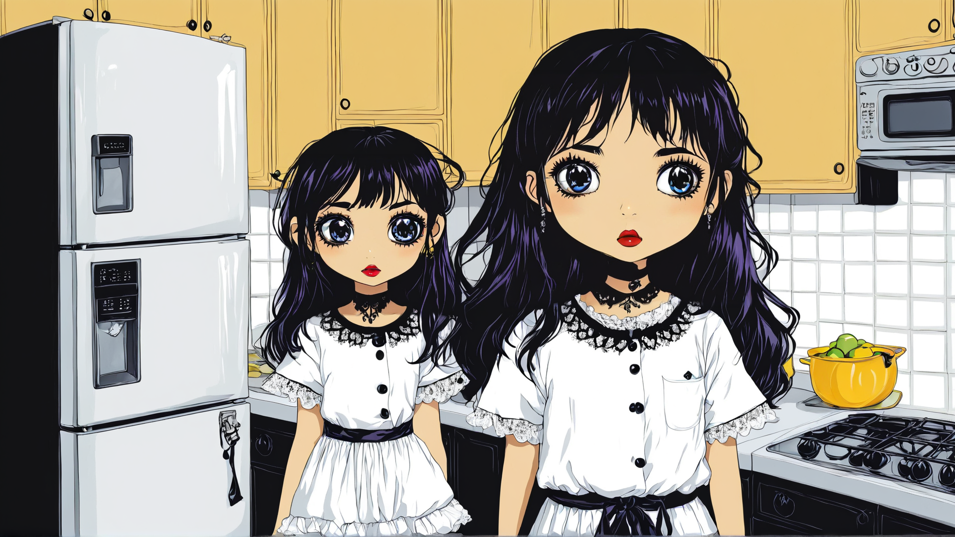 AI generated wallpaper featuring girls, kitchen, dolls