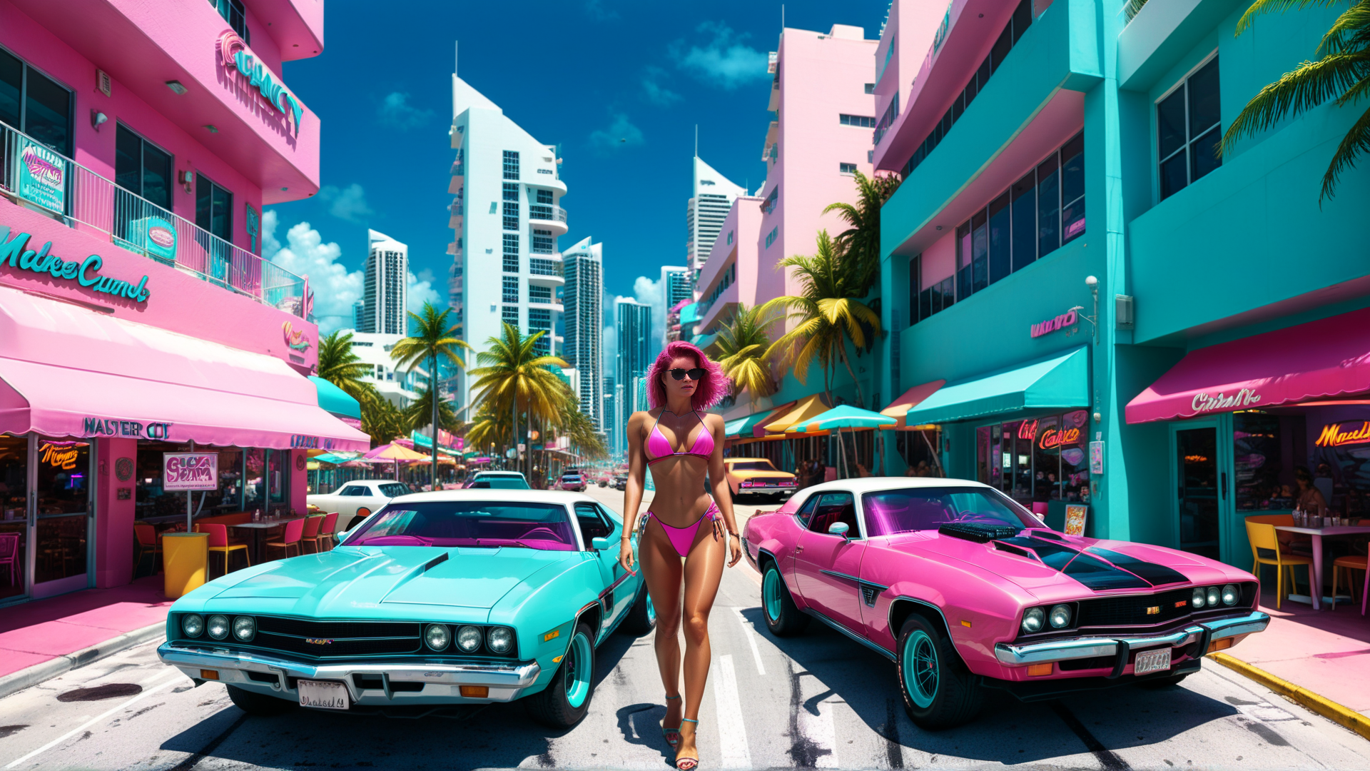 AI generated wallpaper featuring woman, cars, street