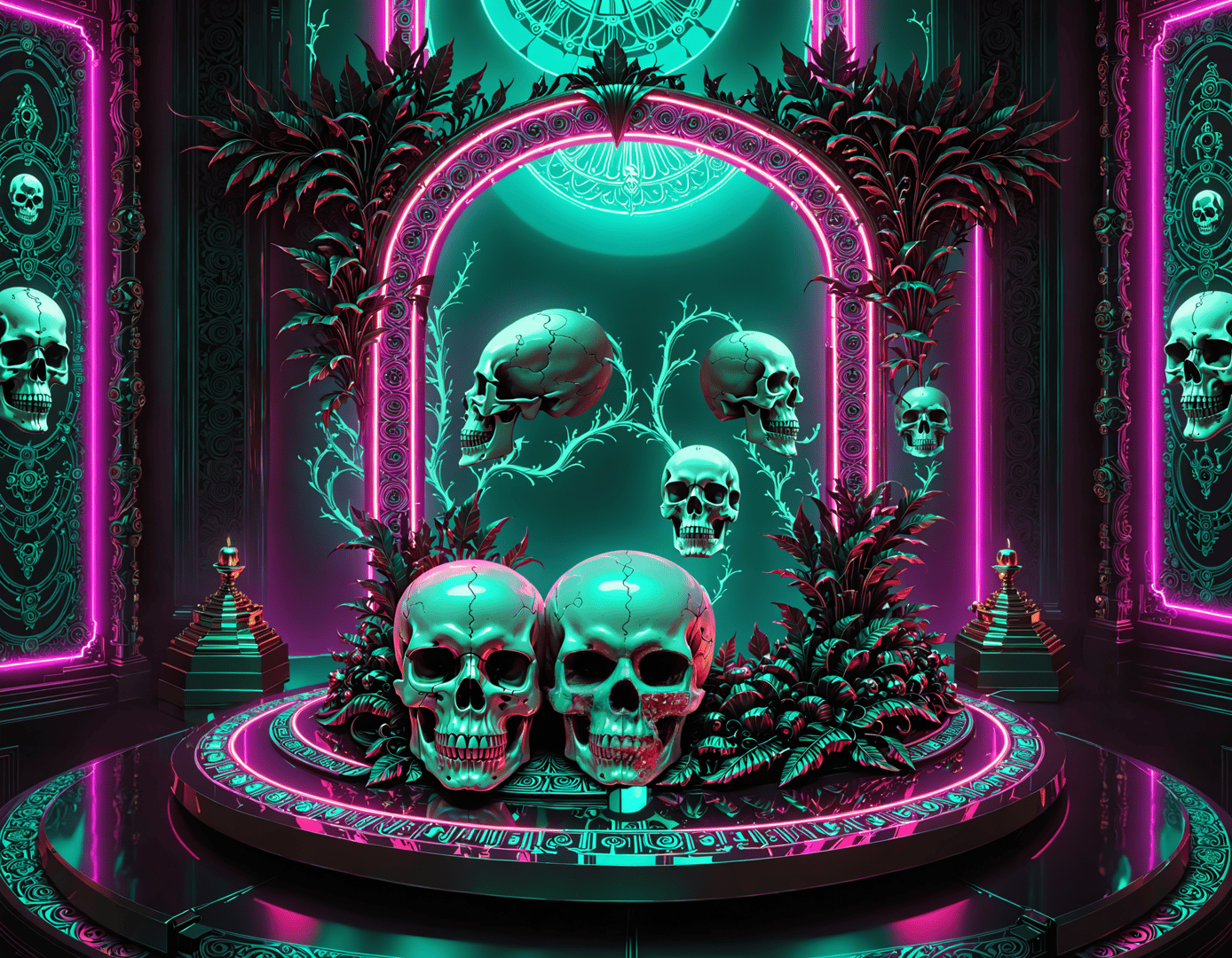 AI generated wallpaper featuring skulls, neon, plants