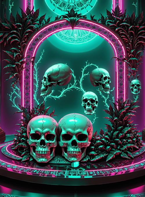 skulls, neon, plants