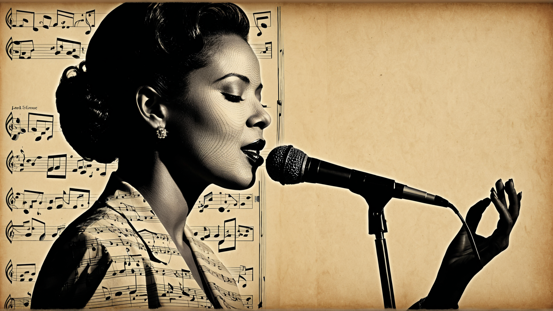 AI generated wallpaper featuring woman, microphone, music, sheet music, hand, earrings, hair, dress, vocalist, gloves