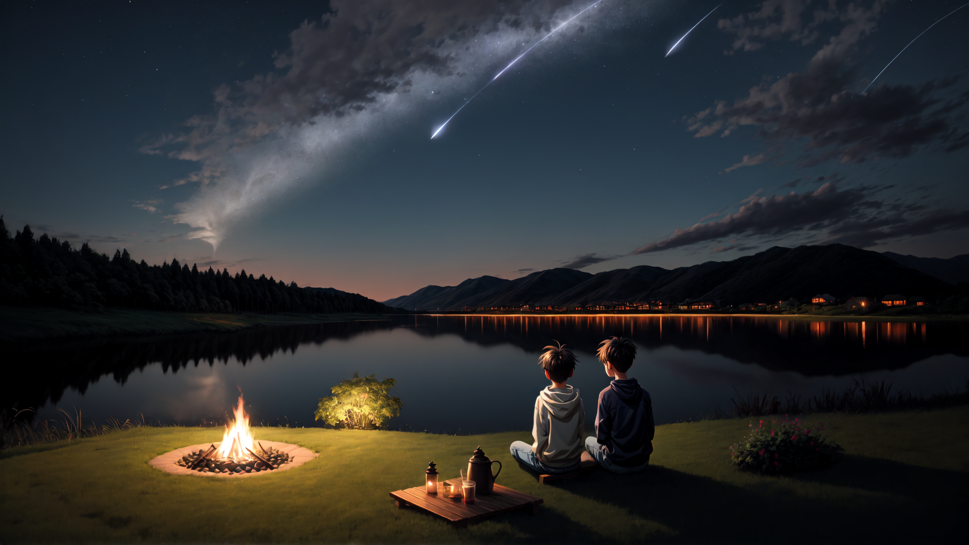 AI generated wallpaper featuring fire, campfire, boys, lake, mountains, sky, stars, comets, lamps, teapot