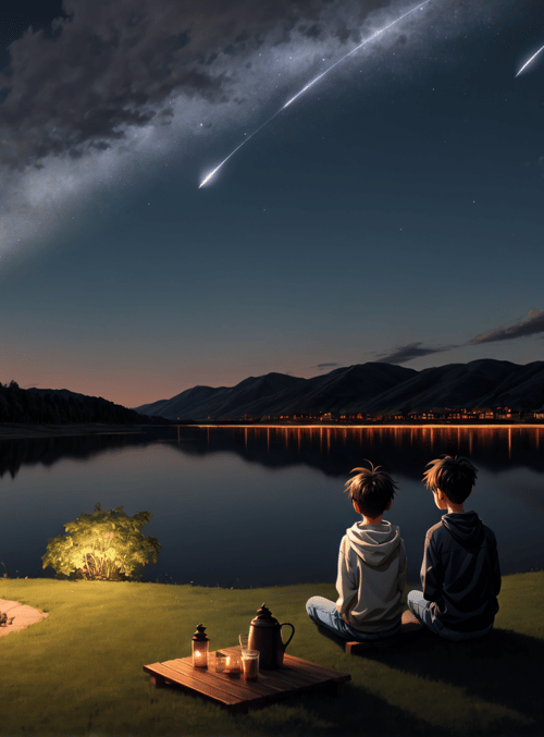 fire, campfire, boys, lake, mountains, sky, stars, comets, lamps, teapot