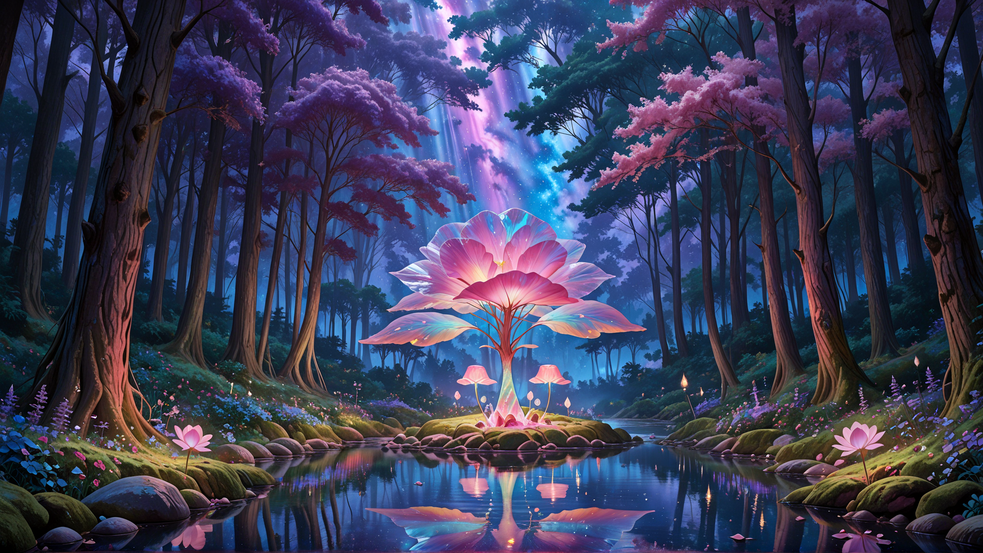 AI generated wallpaper featuring forest, tree, flower, river, mushroom, water, light, lily, blossom, sky