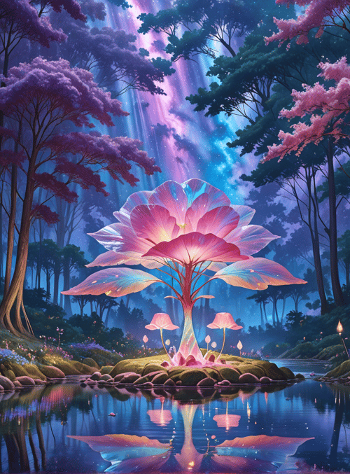 forest, tree, flower, river, mushroom, water, light, lily, blossom, sky