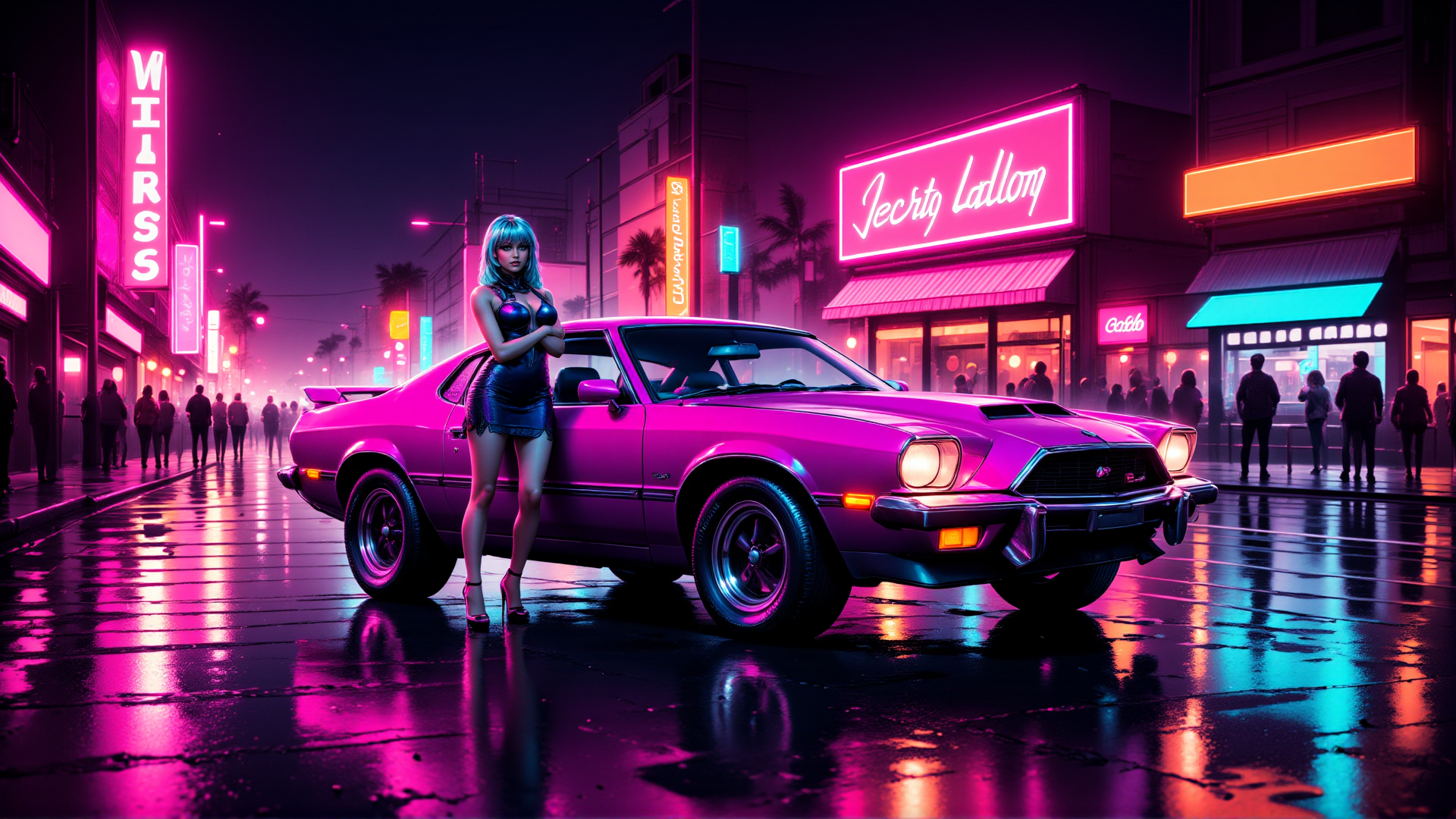 AI generated wallpaper featuring woman, car, neon sign