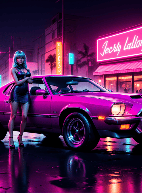 woman, car, neon sign