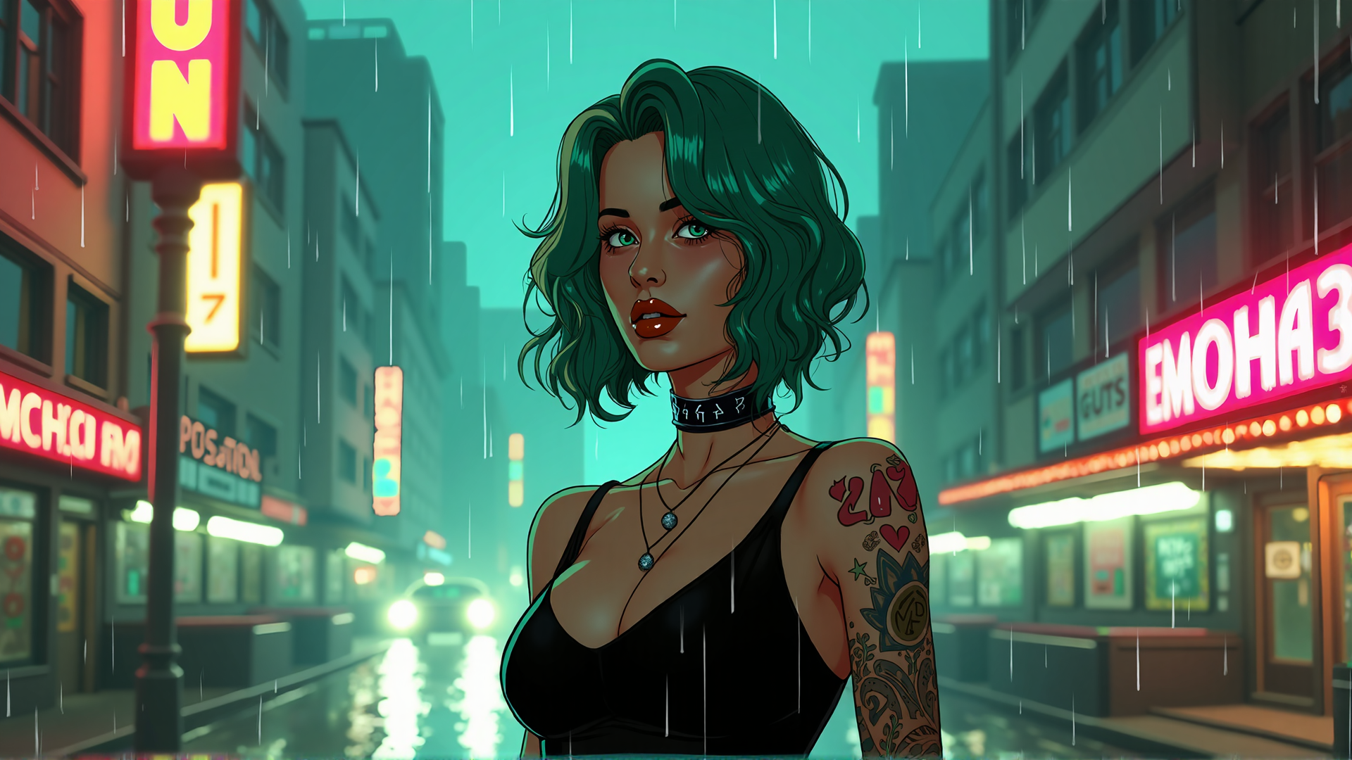 AI generated wallpaper featuring woman, rain, city, neon, tattoo, choker, street