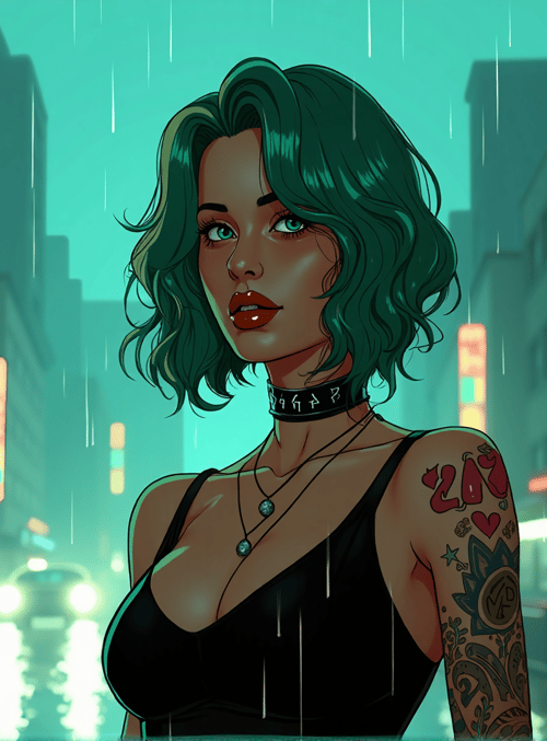 woman, rain, city, neon, tattoo, choker, street