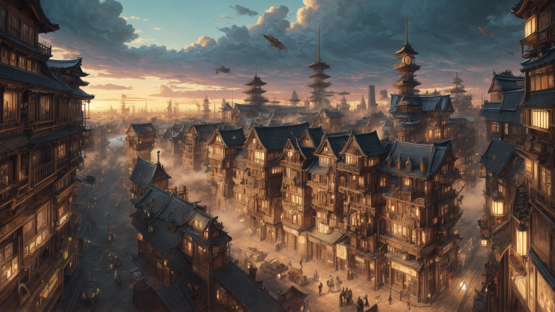 AI generated wallpaper featuring city, buildings, aircraft