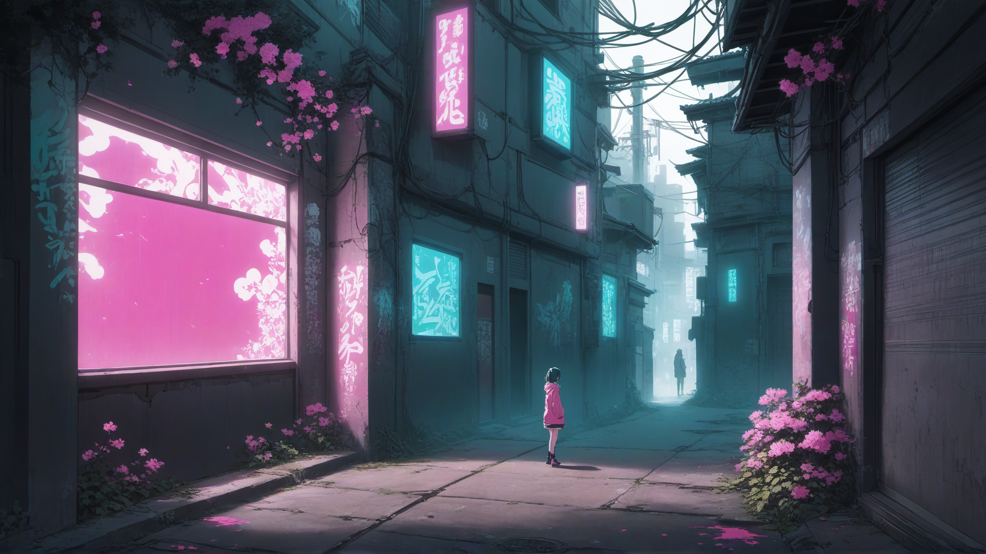 AI generated wallpaper featuring girl, alley, signs