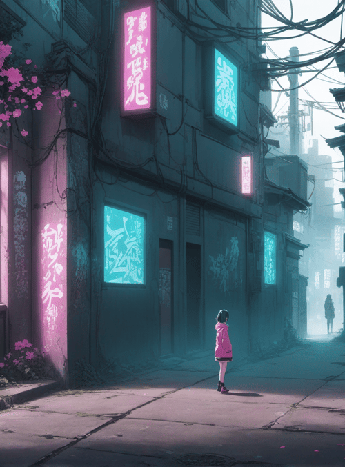 girl, alley, signs