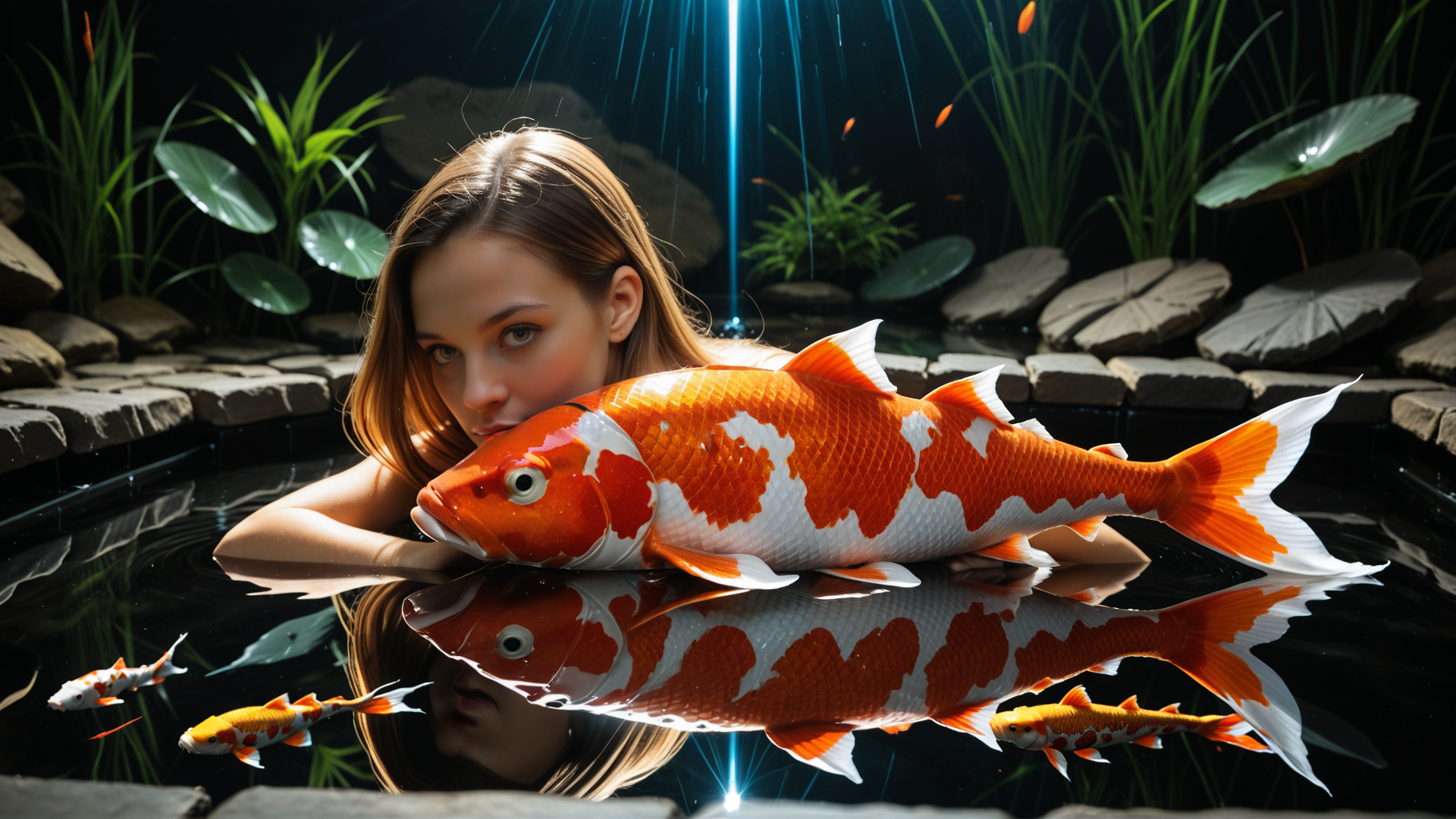AI generated wallpaper featuring woman, koi fish, pond, plants, water
