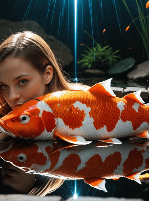 woman, koi fish, pond, plants, water