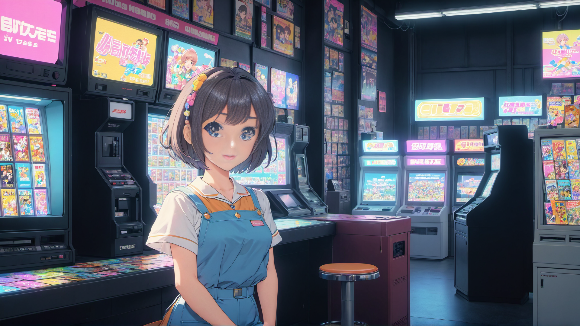 AI generated wallpaper featuring girl, arcade, character
