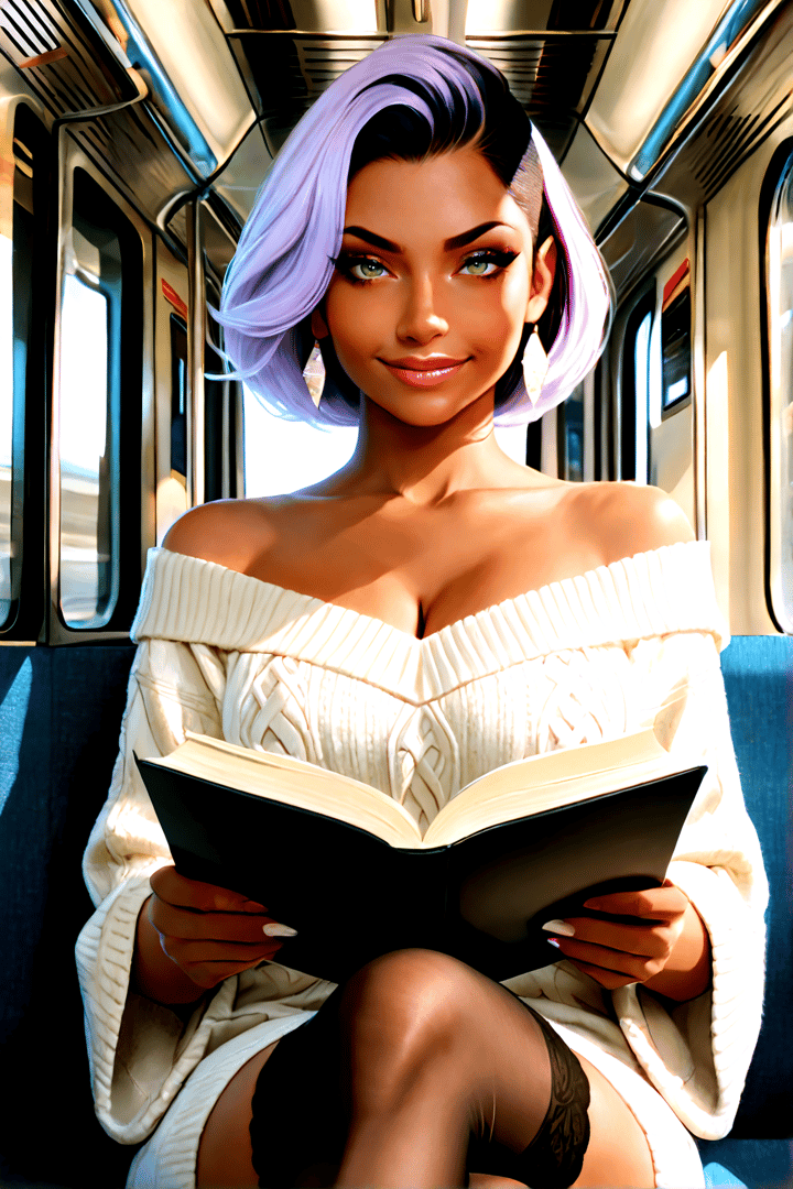 AI generated wallpaper featuring woman, book, train, sweater, hair