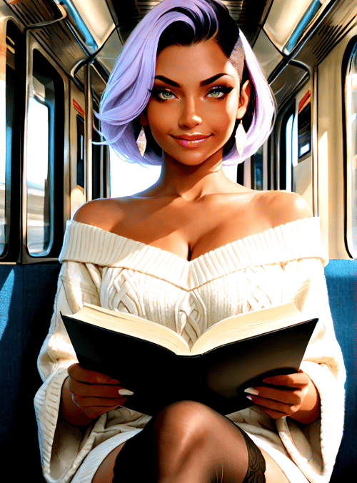 woman, book, train, sweater, hair