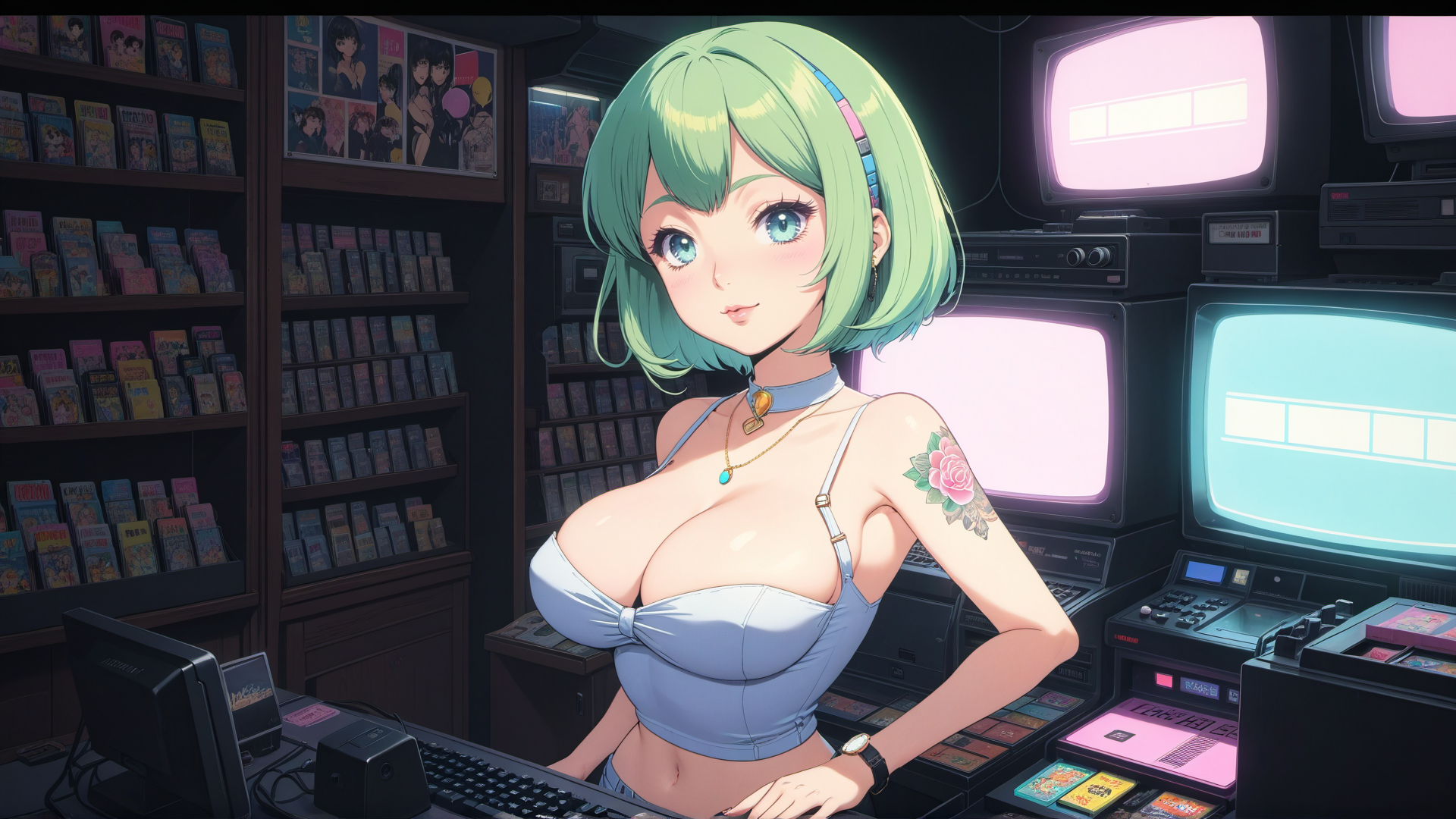 AI generated wallpaper featuring anime girl, retro game store, television