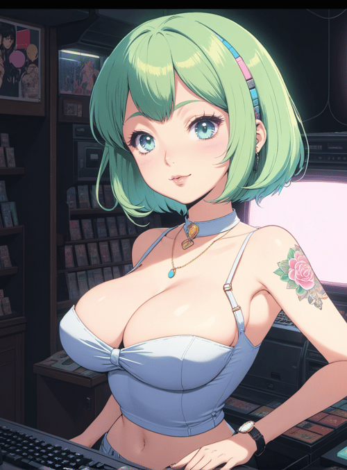 anime girl, retro game store, television