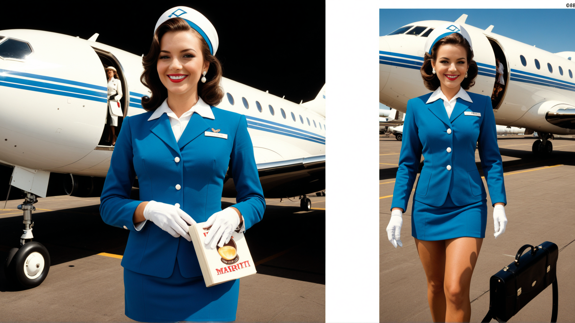 AI generated wallpaper featuring flight attendant, airplane, uniform, book, briefcase, gloves, cap, skirt, suits, smile