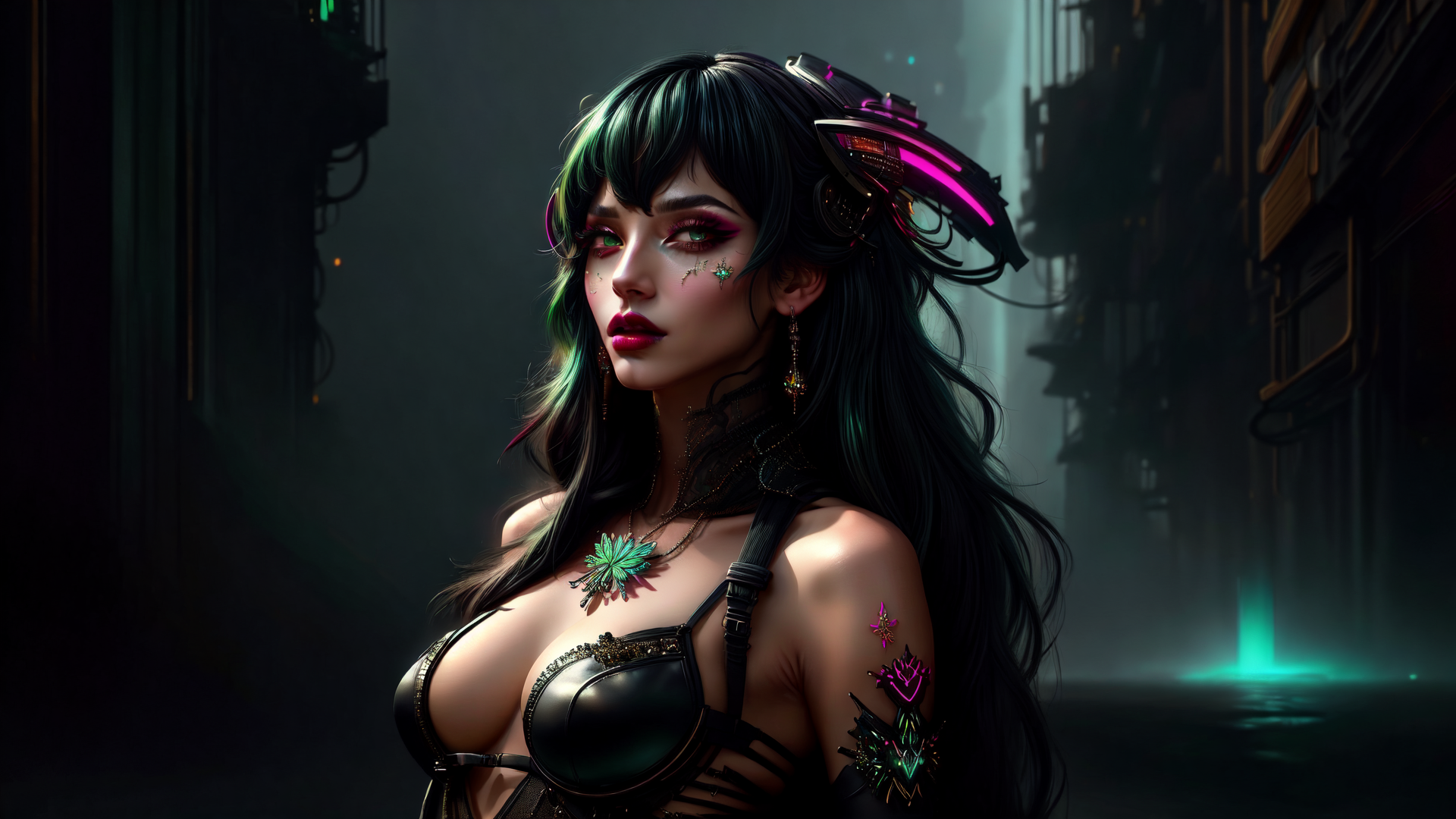 AI generated wallpaper featuring woman, cyberpunk, character, fashion, goggles, tattoo, earrings, necklace, hair, city