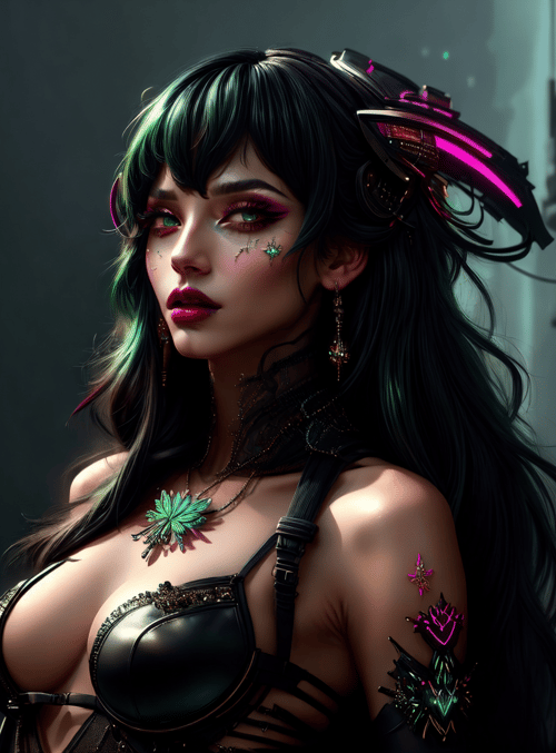 woman, cyberpunk, character, fashion, goggles, tattoo, earrings, necklace, hair, city