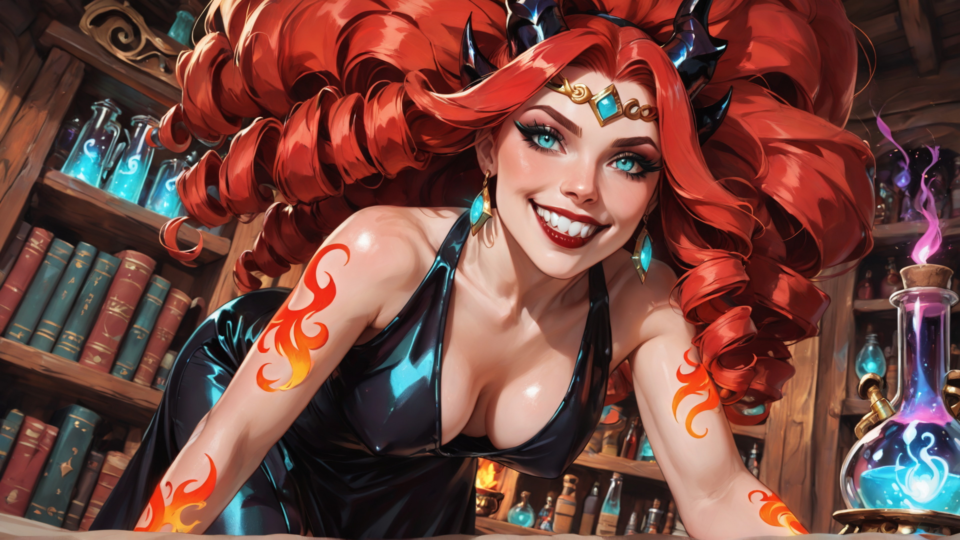 AI generated wallpaper featuring woman, devil, witch, mage, sorceress, red hair, flames, bookshelf, alchemy, vial